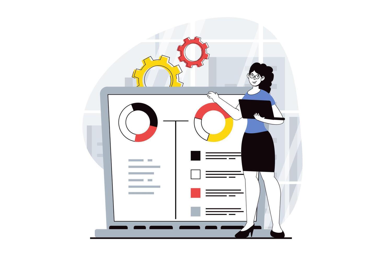 datos análisis concepto con personas escena en plano diseño para web. mujer analizando diagramas y gráficos, haciendo pericia y contabilidad. vector ilustración para social medios de comunicación bandera, márketing material.