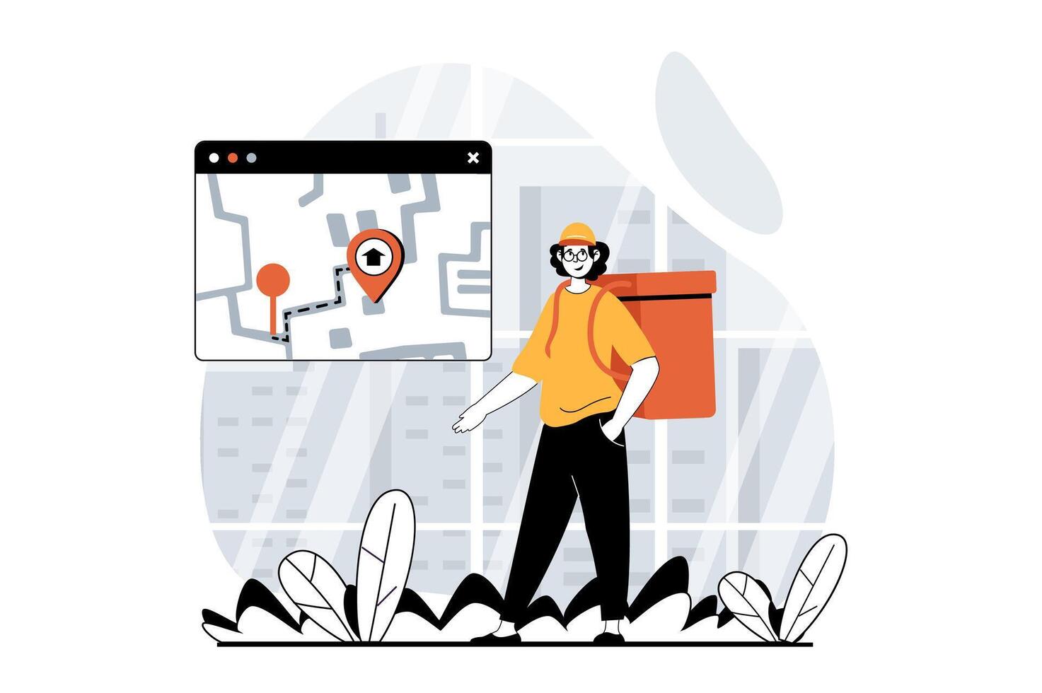 Delivery service concept with people scene in flat design for web. Man courier carrying food bag with online tracking of route in map. Vector illustration for social media banner, marketing material.