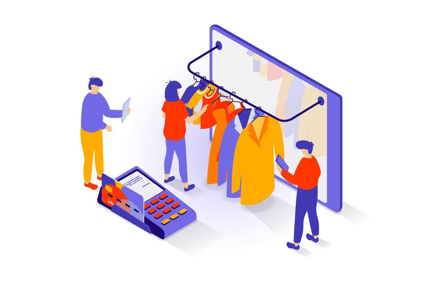 en línea compras concepto en 3d isométrica diseño. personas elegir nuevo ropa a boutique Página web, ordenando entrega y pago a pos Terminal. vector ilustración con isometria escena para web gráfico