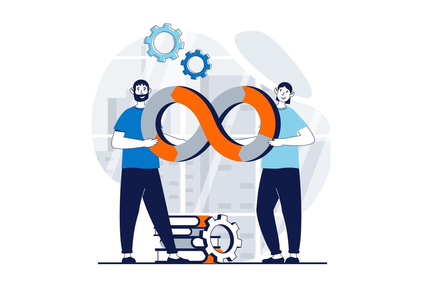 DevOps concept with people scene in flat design for web. Man working in team with software programming and optimization workflow. Vector illustration for social media banner, marketing material.