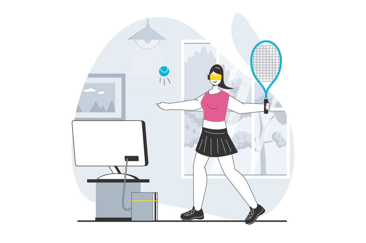 virtual realidad concepto con personas escena en plano diseño para web. mujer en vr auriculares jugando tenis y formación para ciber Deportes. vector ilustración para social medios de comunicación bandera, márketing material.