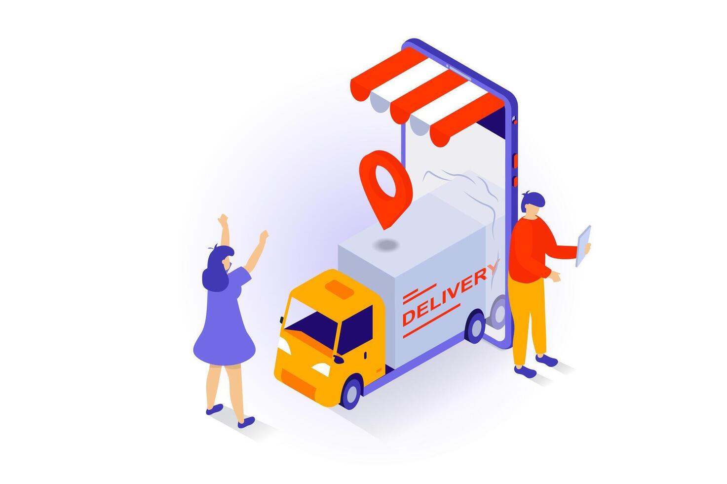 Online shopping concept in 3d isometric design. People making purchases in store webpage, ordering delivery service and tracking transportation. Vector illustration with isometry scene for web graphic