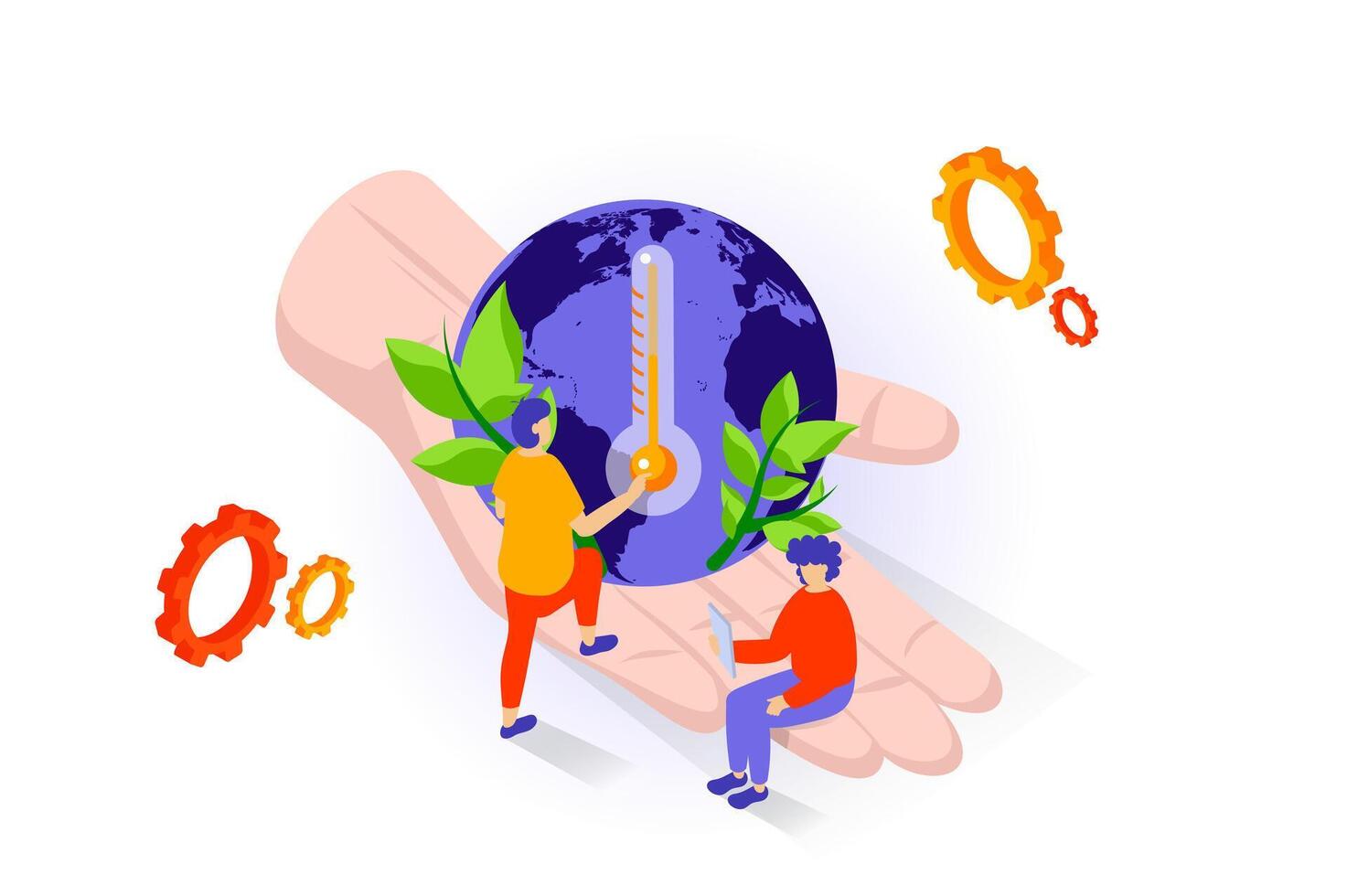 Eco lifestyle concept in 3d isometric design. People fighting global warming and climate change, use environmentally friendly technologies. Vector illustration with isometry scene for web graphic