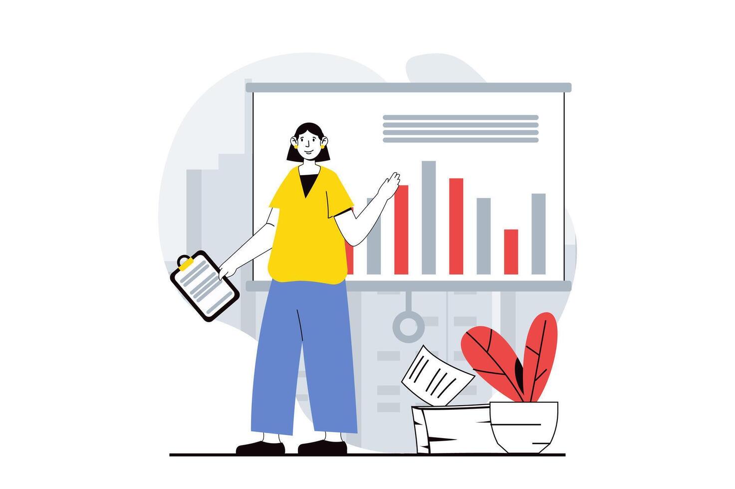 Data analysis concept with people scene in flat design for web. Woman working with charts and making presentation of earnings data. Vector illustration for social media banner, marketing material.