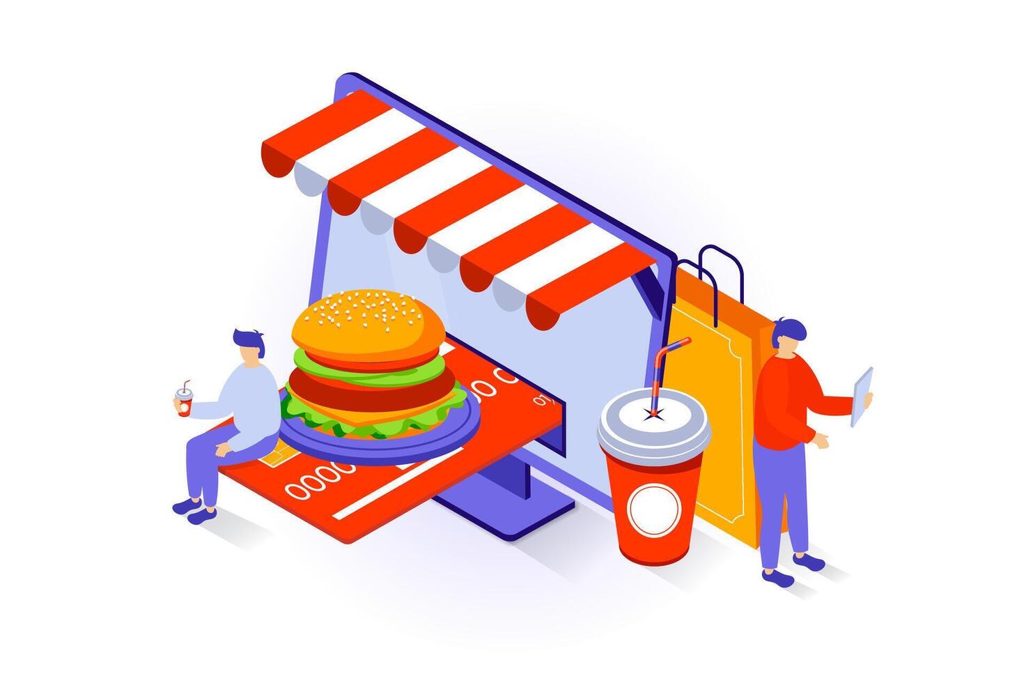 Food delivery concept in 3d isometric design. People ordering burger and drink, paying online for purchases and shipping using credit card. Vector illustration with isometry scene for web graphic