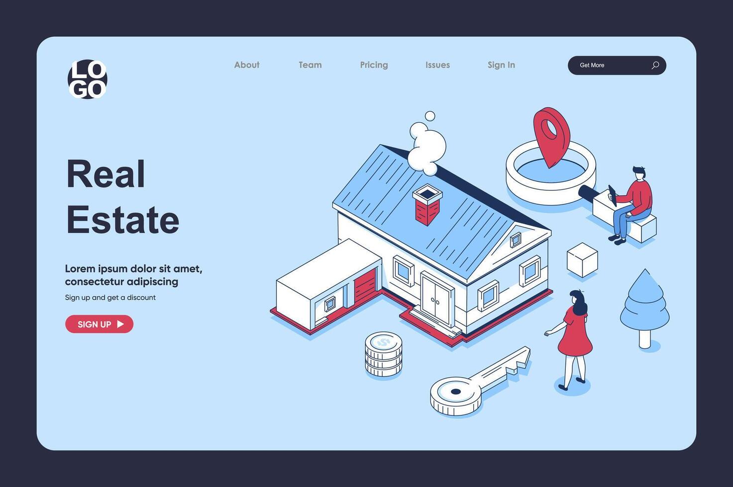 Real estate concept in 3d isometric design for landing page template. People searching new home at housing market, choosing apartments, client buying property for moving. Vector illustration for web