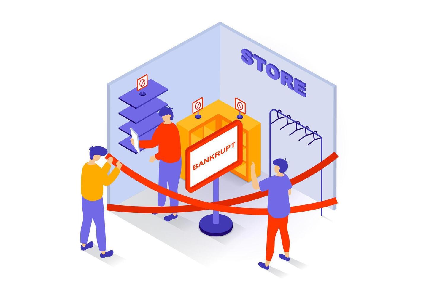 Unemployment and crisis concept in 3d isometric design. People have financial problems and close unprofitable store, lose business and carrier. Vector illustration with isometry scene for web graphic