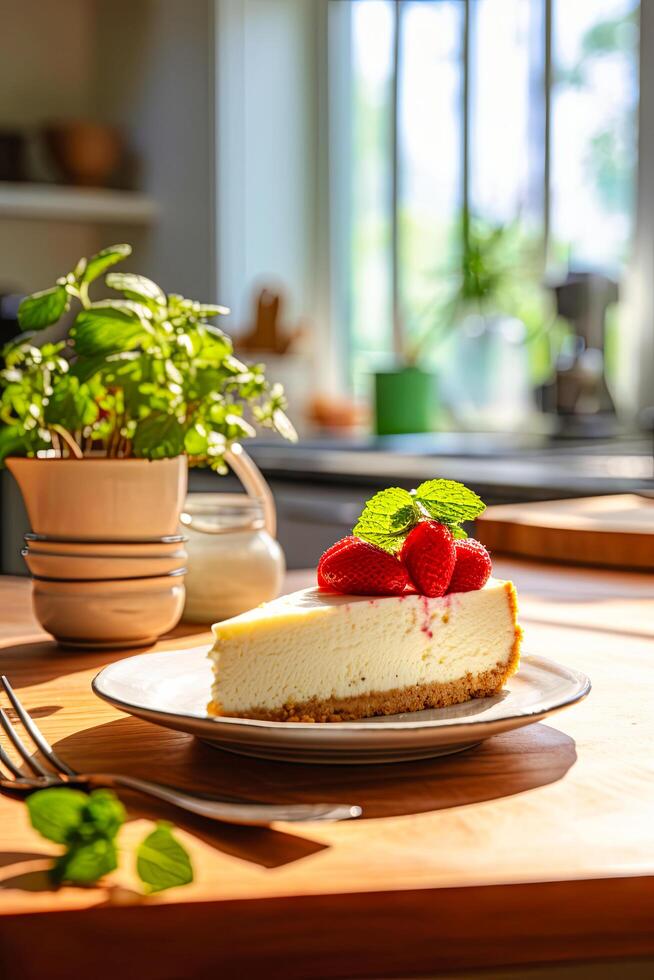 AI generated Cheesecake on Wooden Table photo
