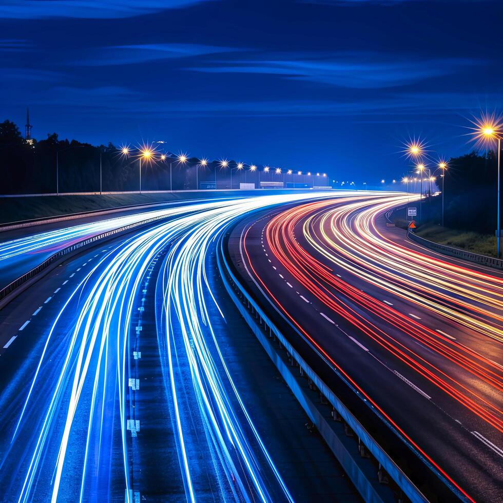 ai generado luces de carros conducción a noche. largo exposición foto