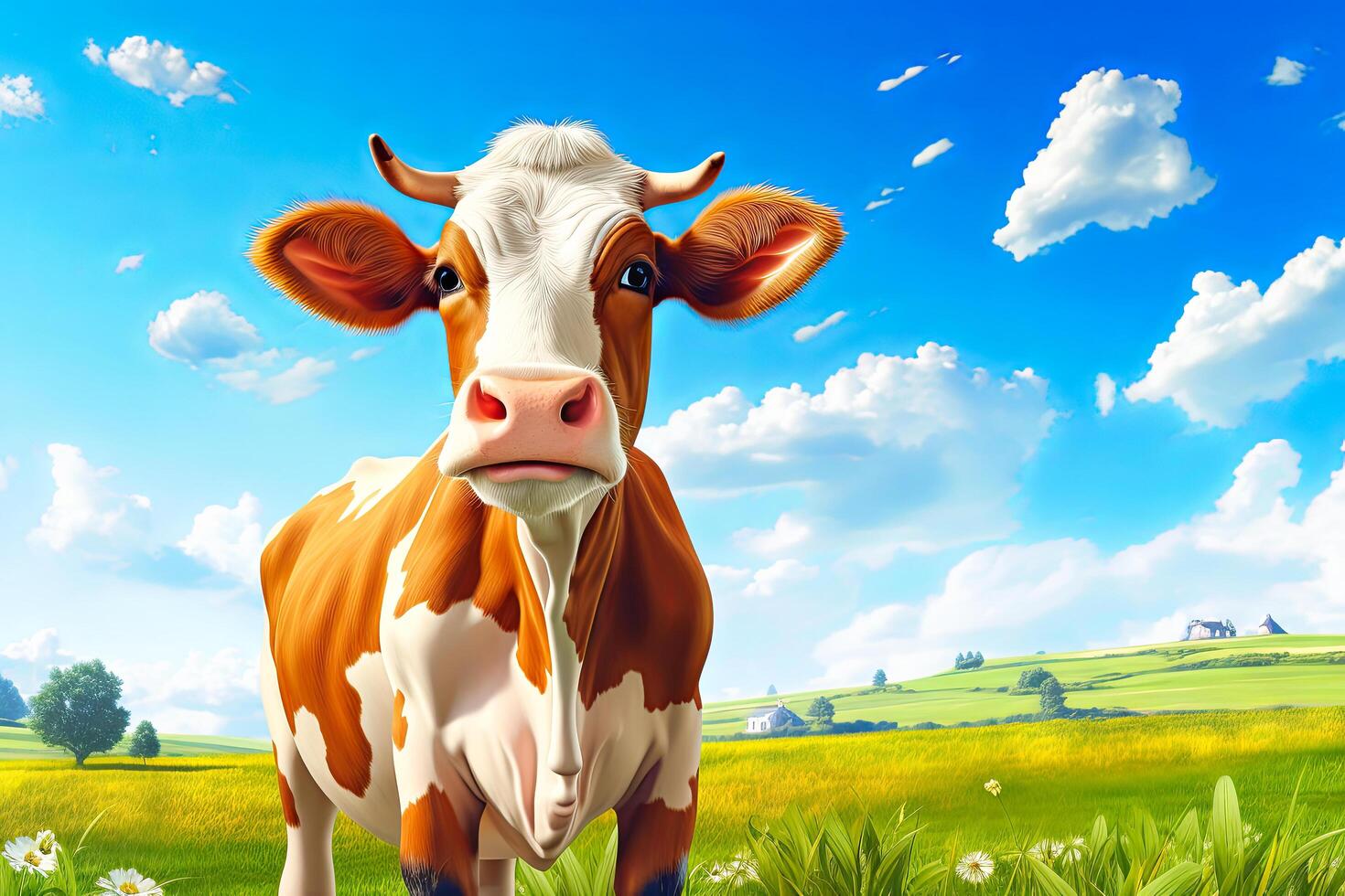 AI generated Black and White Cow Standing in a Field photo
