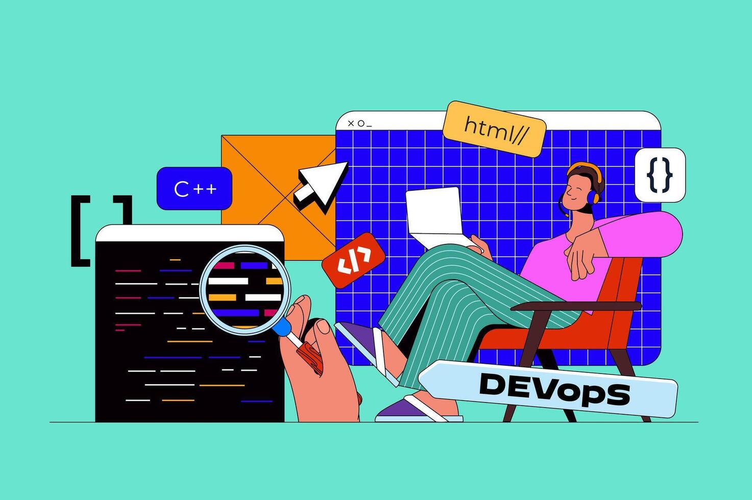 Programming and development web concept with character scene. Developer working with program languages, coding and testing. People situation in flat design. Vector illustration for marketing material.