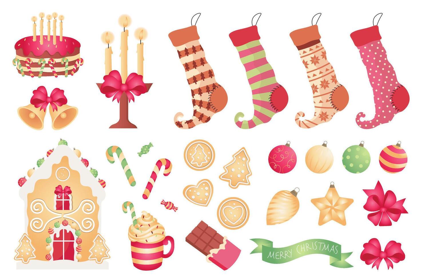 Christmas attributes mega set elements in flat design. Bundle of cake, candles, socks, bells, gingerbread cookies, house, cocoa mug, toy balls and other. Vector illustration isolated graphic objects