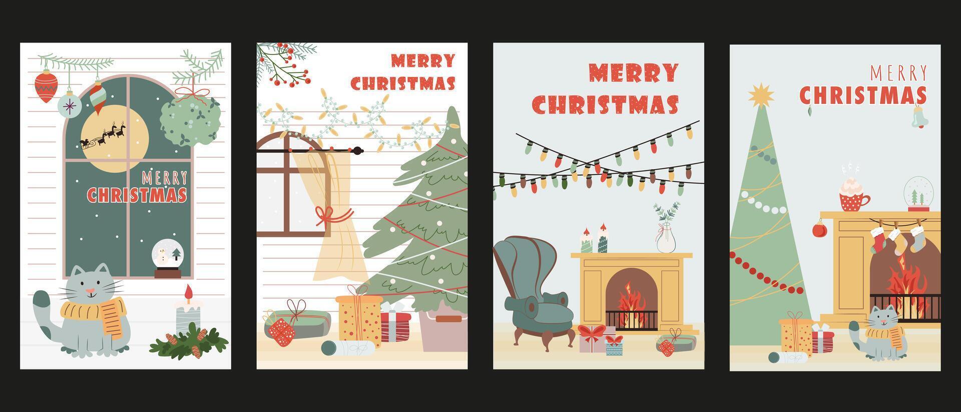 Christmas holiday cover brochure set in trendy flat design. Poster templates with cozy room, window with candles and decor, festive fir tree with toys and gifts, cute cat at home. Vector illustration.