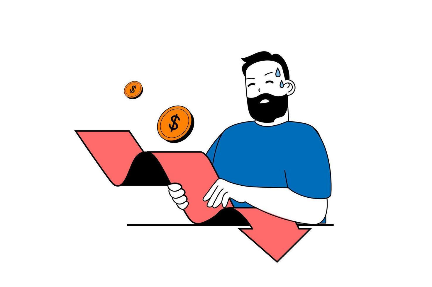 Crisis management concept with people scene in flat web design. Man trying holding financial arrow and supporting economic graphs. Vector illustration for social media banner, marketing material.