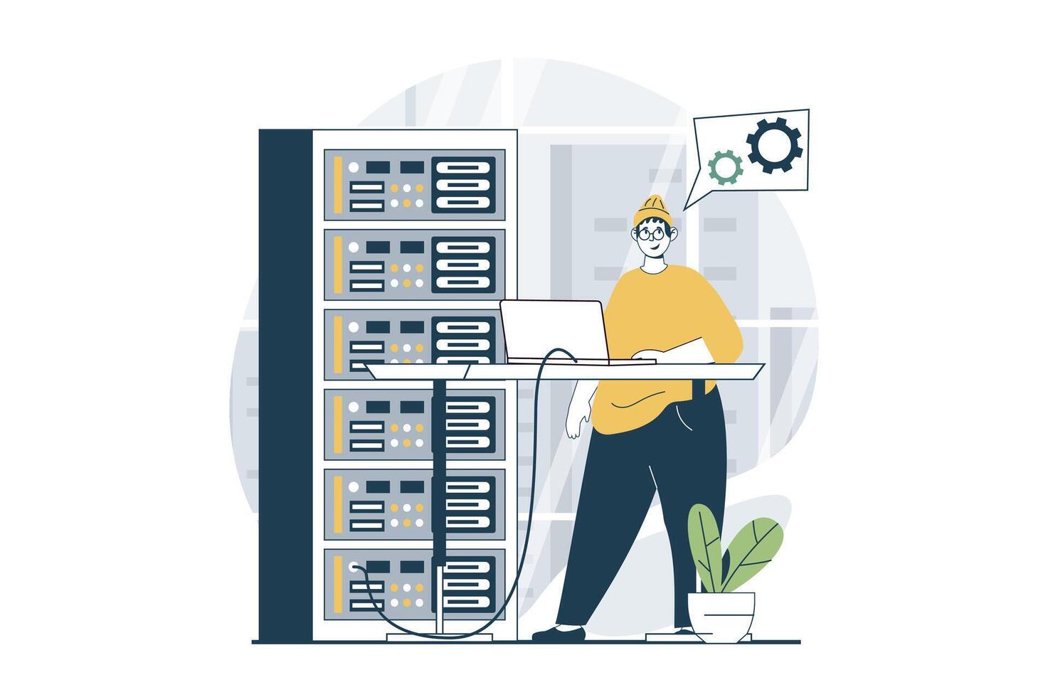 Server maintenance concept with people scene in flat design for web. Man engineer upgrading and fixing equipment in hardware rack room. Vector illustration for social media banner, marketing material.