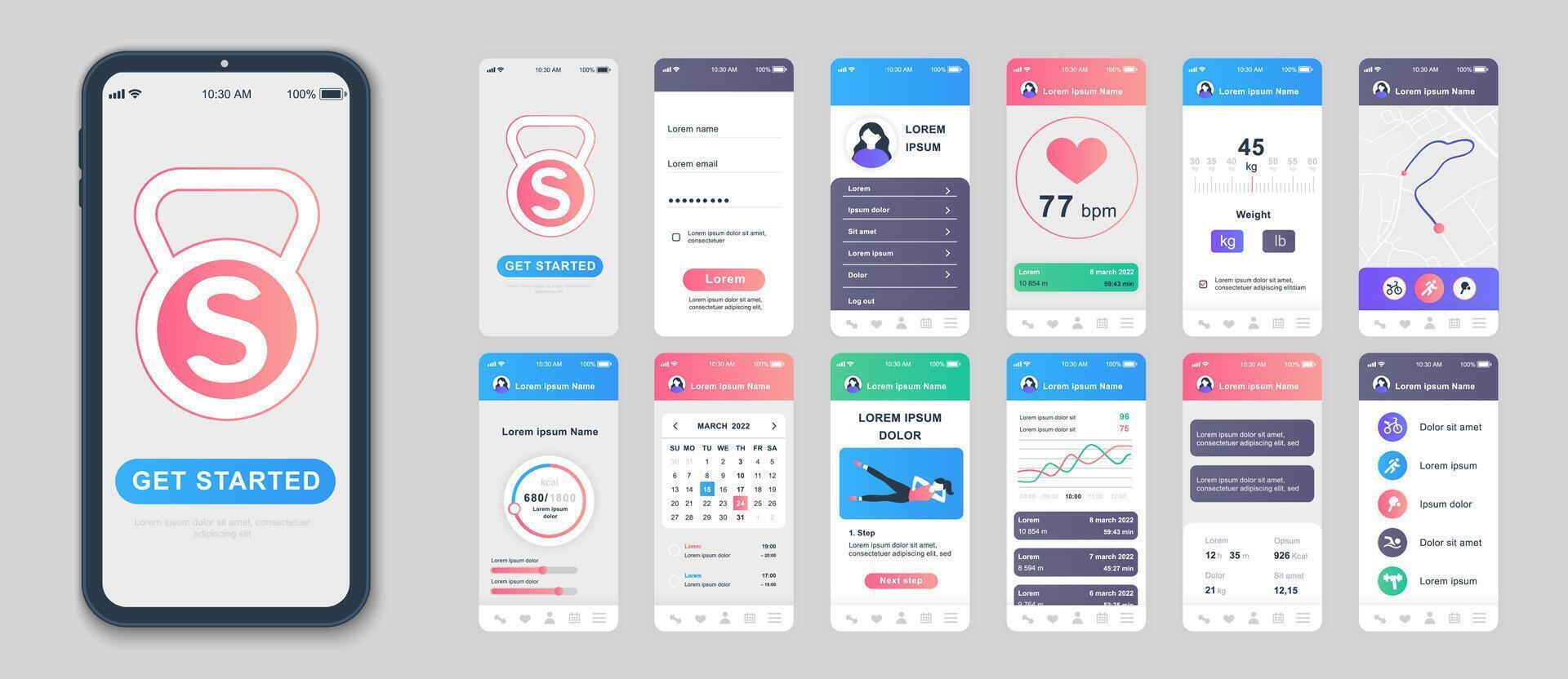 Fitness mobile app screens set for web templates. Pack of user profile, wight or pulse information, online maps, calendar, exercise. UI, UX, GUI user interface kit for cellphone layouts. Vector design