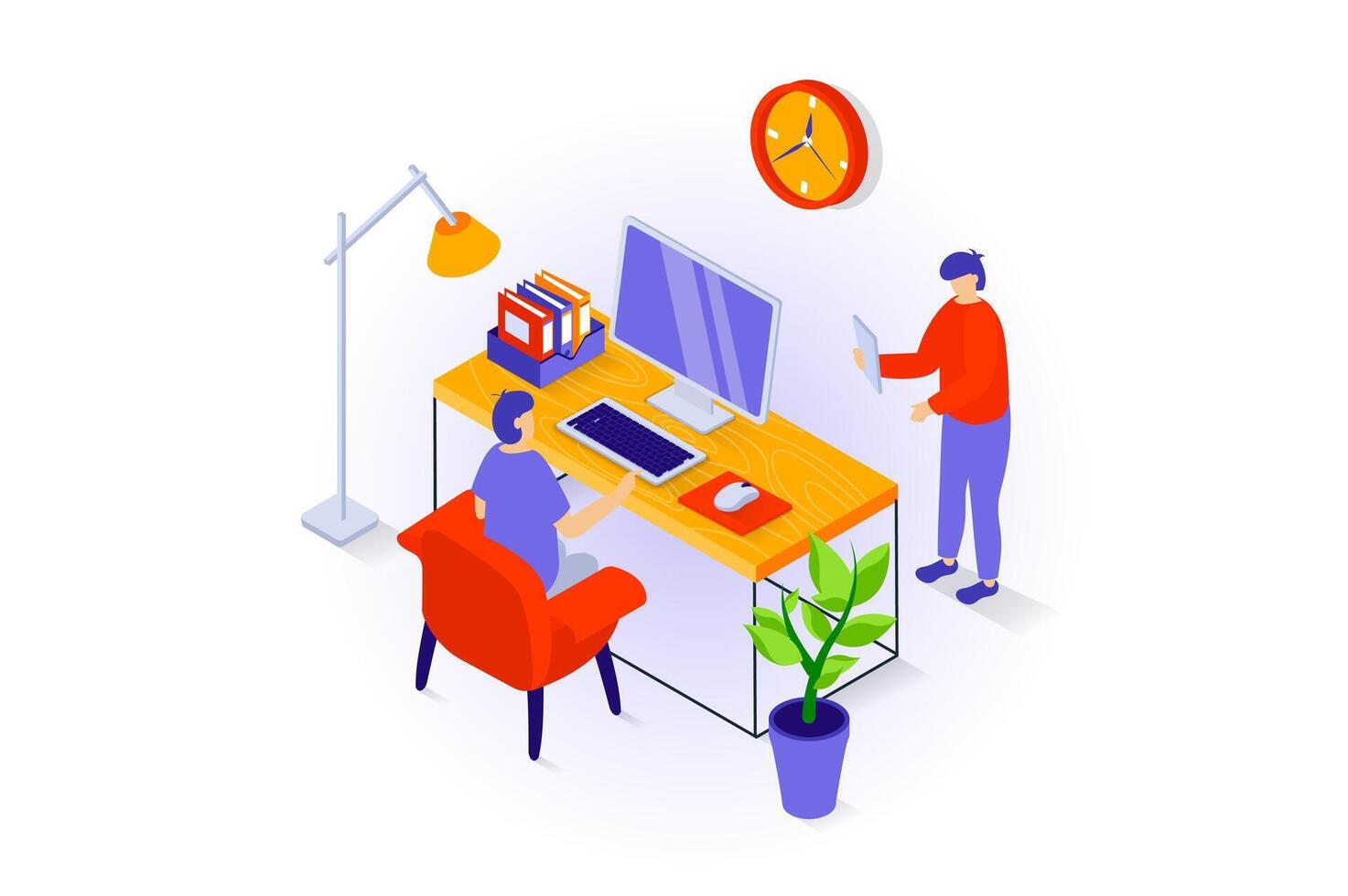 Home interior concept in 3d isometric design. People in workplace office with desk and chair, floor lamp, desktop computer, documents and plant. Vector illustration with isometry scene for web graphic