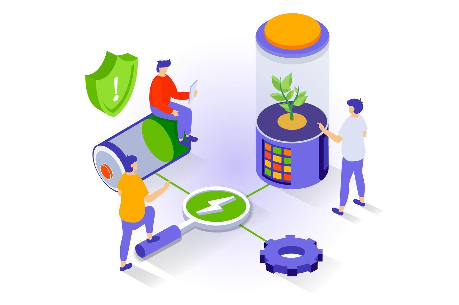 Eco lifestyle concept in 3d isometric design. People use green energy generation to charge and recharge batteries, implement clean innovations. Vector illustration with isometry scene for web graphic