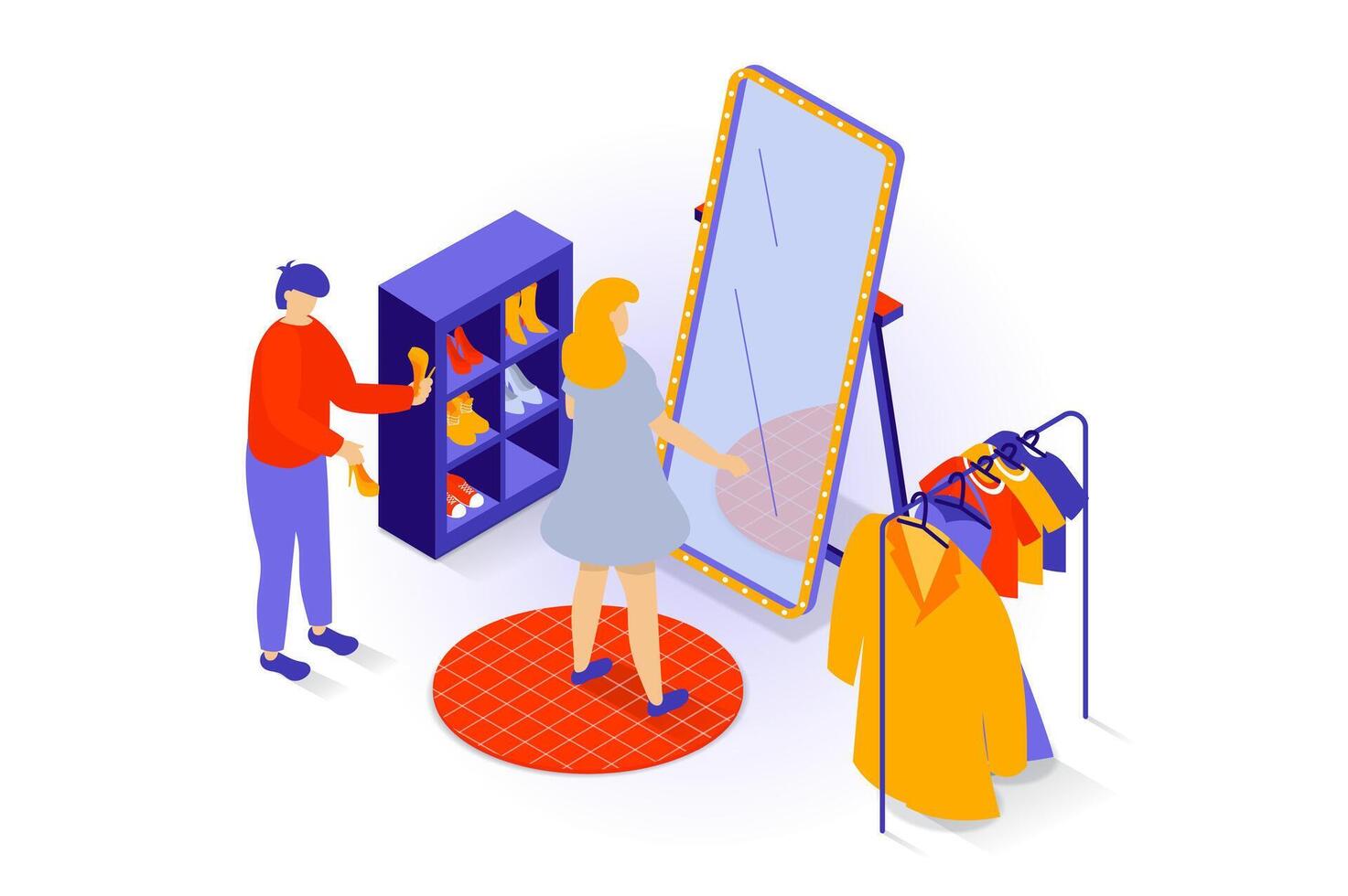 Home interior concept in 3d isometric design. People stand in dressing room, fitting clothes by mirror, wardrobe with shoe racks and hangers. Vector illustration with isometry scene for web graphic