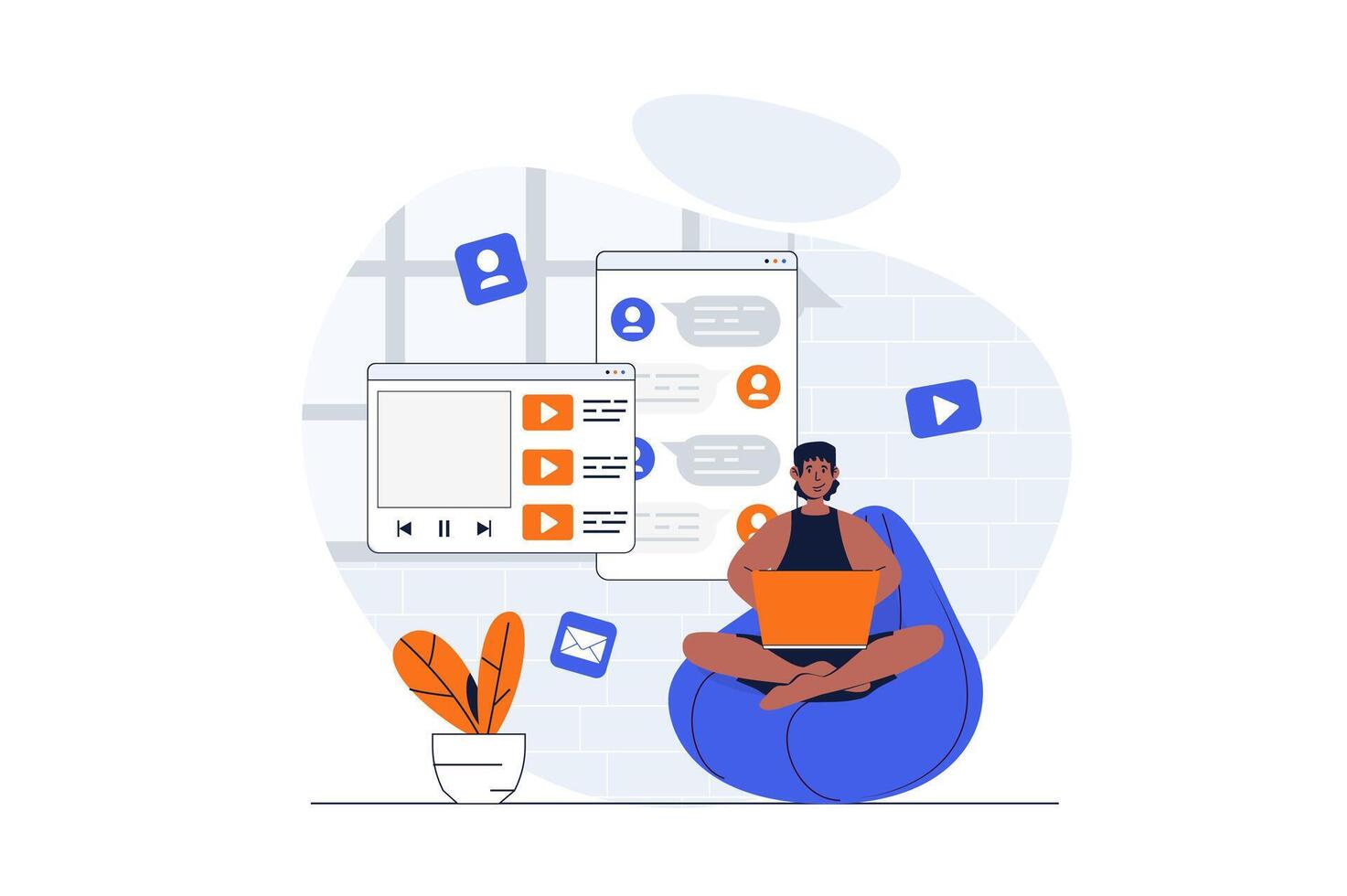 Social network web concept with character scene. Man watching video content, sharing and chatting friends. People situation in flat design. Vector illustration for social media marketing material.