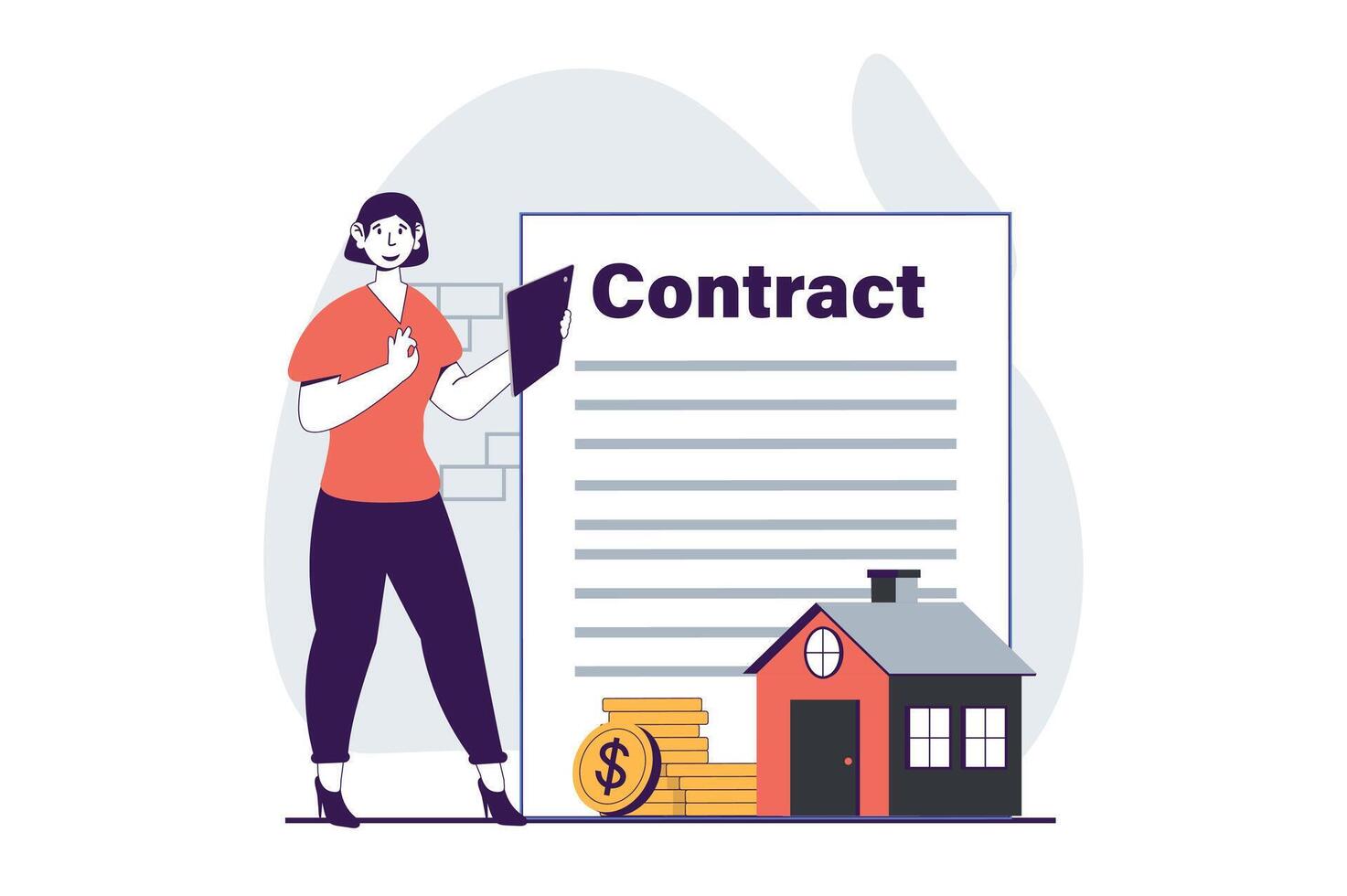 Real estate concept with people scene in flat design for web. Woman investing money in buying house and signing contract of owning. Vector illustration for social media banner, marketing material.
