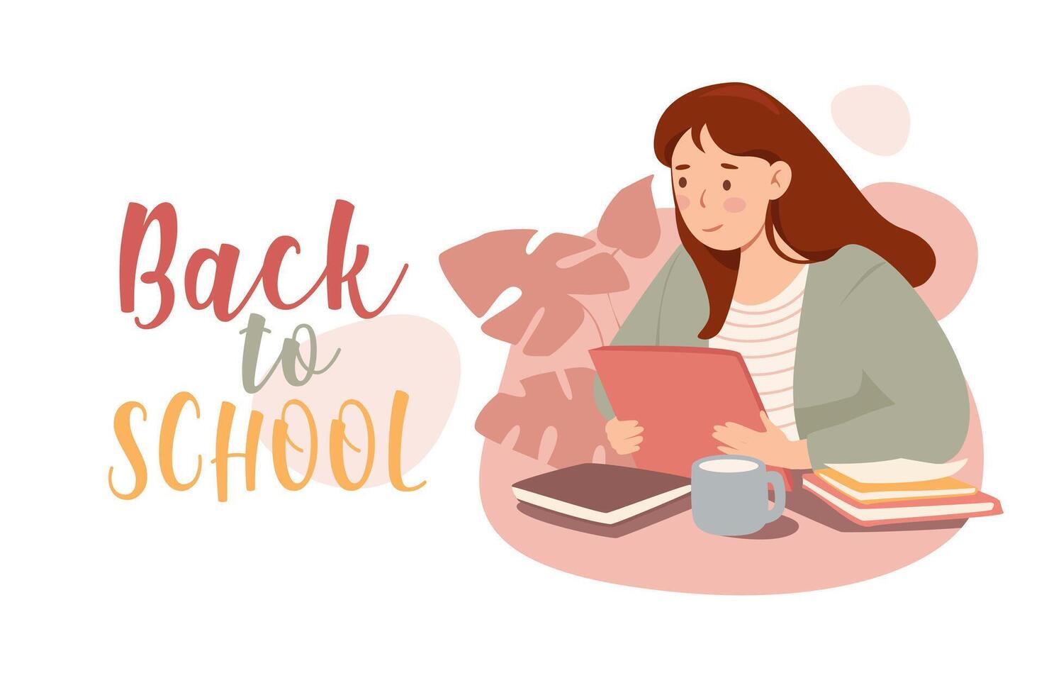 Back to school poster template in flat design. Banner layout with happy teen schoolgirl reading books. Female student doing homework with textbooks and preparing to lessons. Vector illustration.