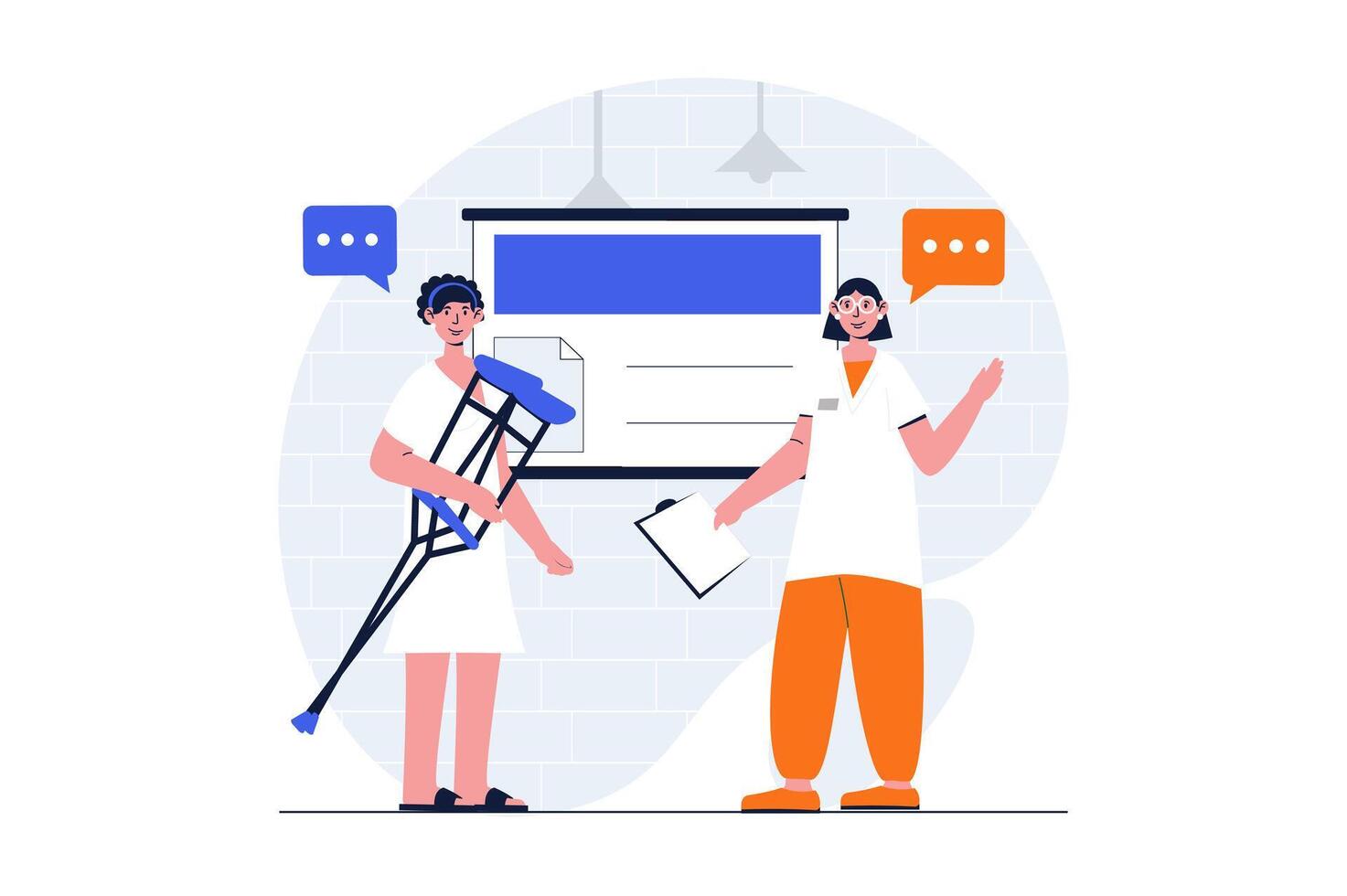 Medicine web concept with character scene. Patient with crutch gets rehabilitation and consults with doctor. People situation in flat design. Vector illustration for social media marketing material.