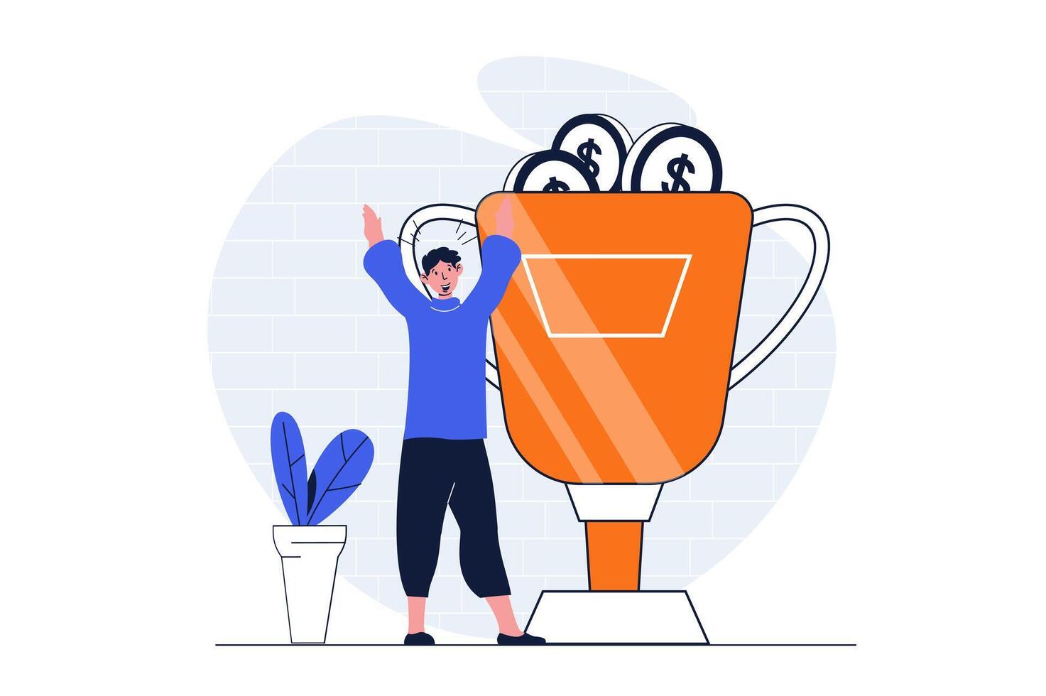 Business success web concept with character scene. Man celebrating victory and getting golden cup and profit. People situation in flat design. Vector illustration for social media marketing material.