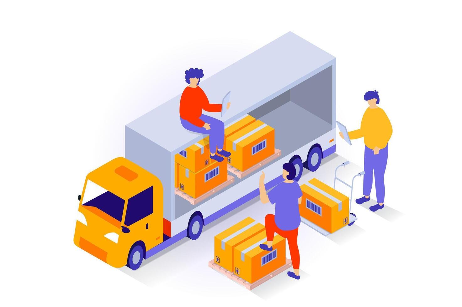 Transportation and logistics concept in 3d isometric design. People carrying boxes by forklifts and loading parcel in truck, work at warehouse. Vector illustration with isometry scene for web graphic