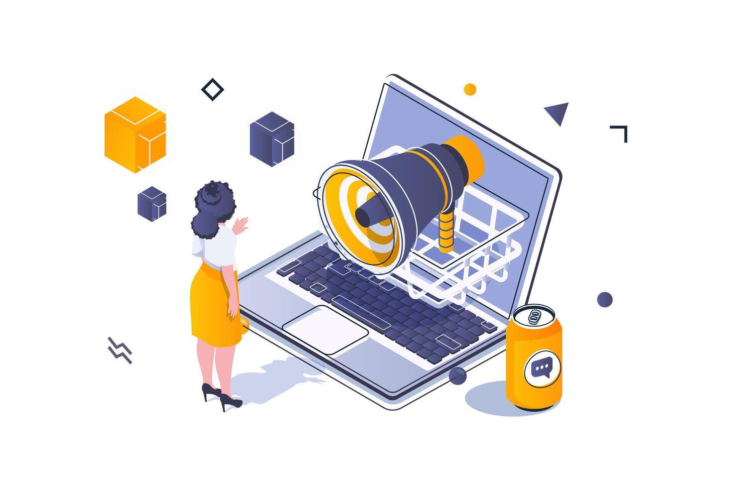 Social media concept in 3d isometric design. Woman blogging online, making advertising campaign with megaphone and collecting audience. Vector illustration with isometric people scene for web graphic