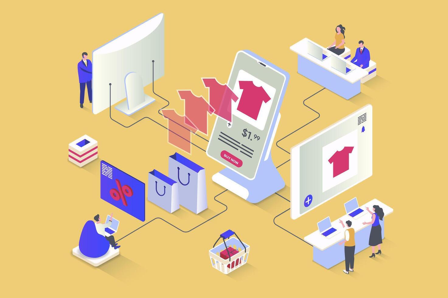 Online shopping concept in 3d isometric design. Buyers choose products with discount prices using mobile applications and store sites. Vector illustration with isometry people scene for web graphic