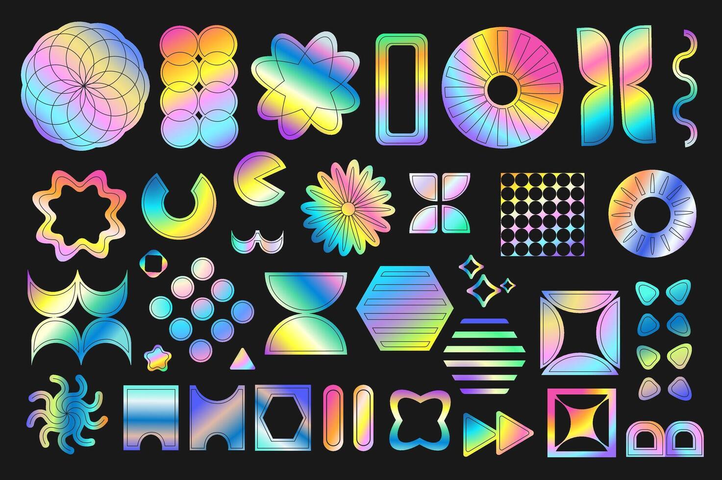 Holographic stickers mega set in graphic flat design. Bundle elements of glossy iridescent templates with symbols of different geometric shapes in retro style. Vector illustration isolated objects