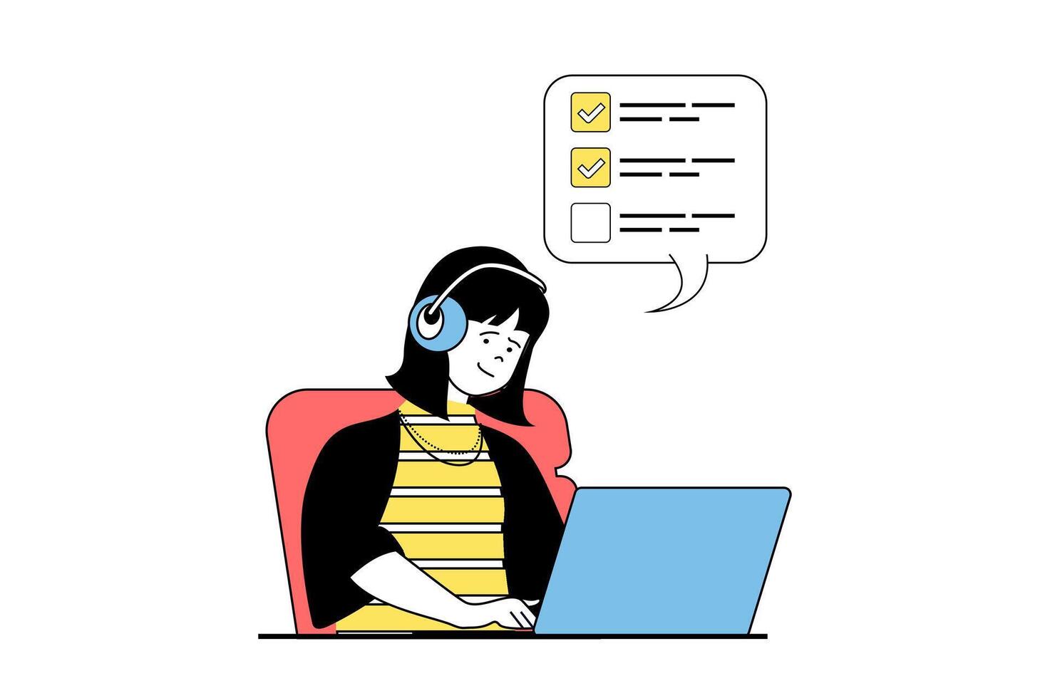 Freelance concept with people scene in flat web design. Woman working at laptop, doing tasks from job lists and communicating online. Vector illustration for social media banner, marketing material.