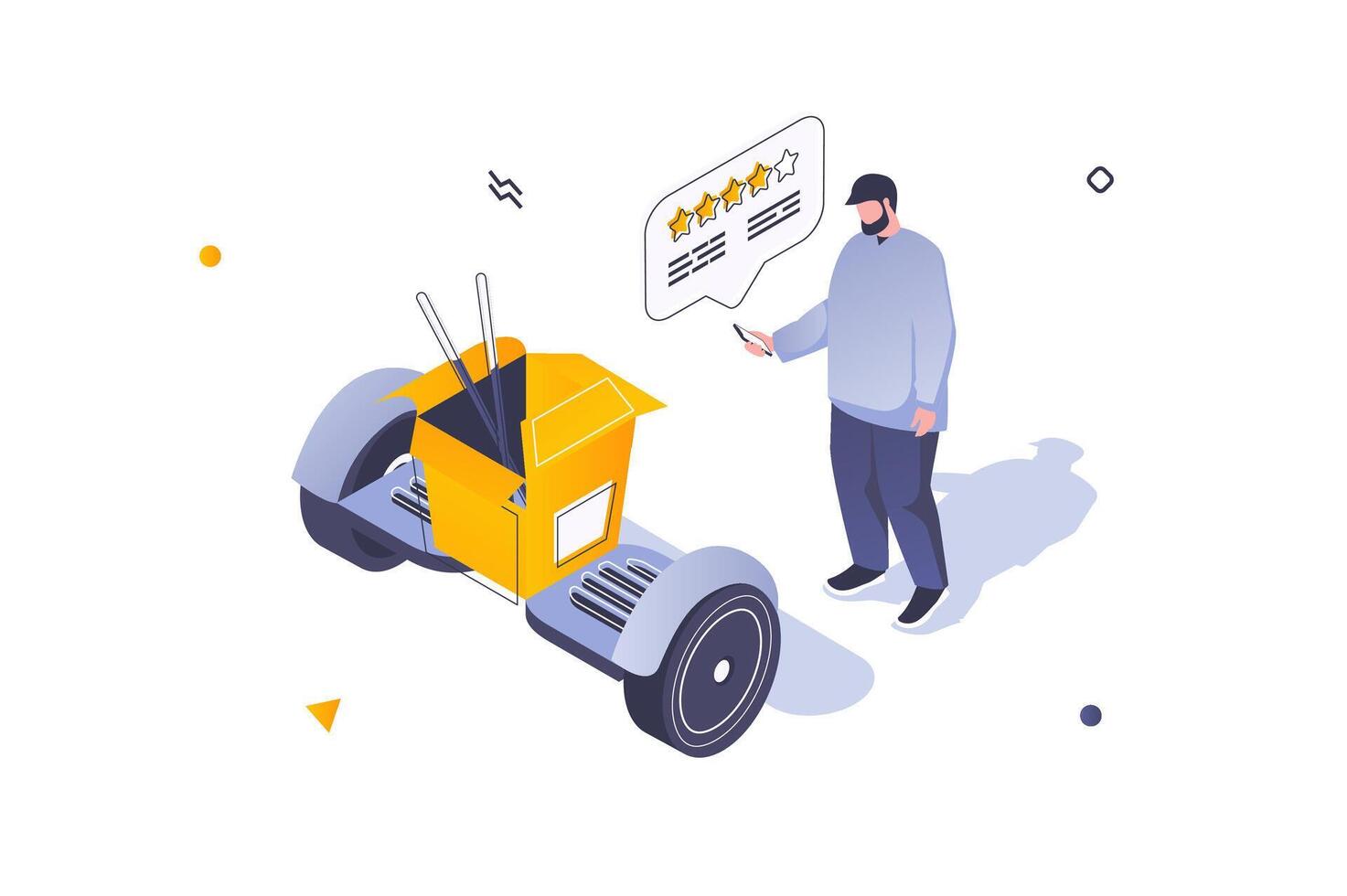 Food delivery concept in 3d isometric design. Man making order with take away meal box and using express shipping by courier hoverboard. Vector illustration with isometric people scene for web graphic