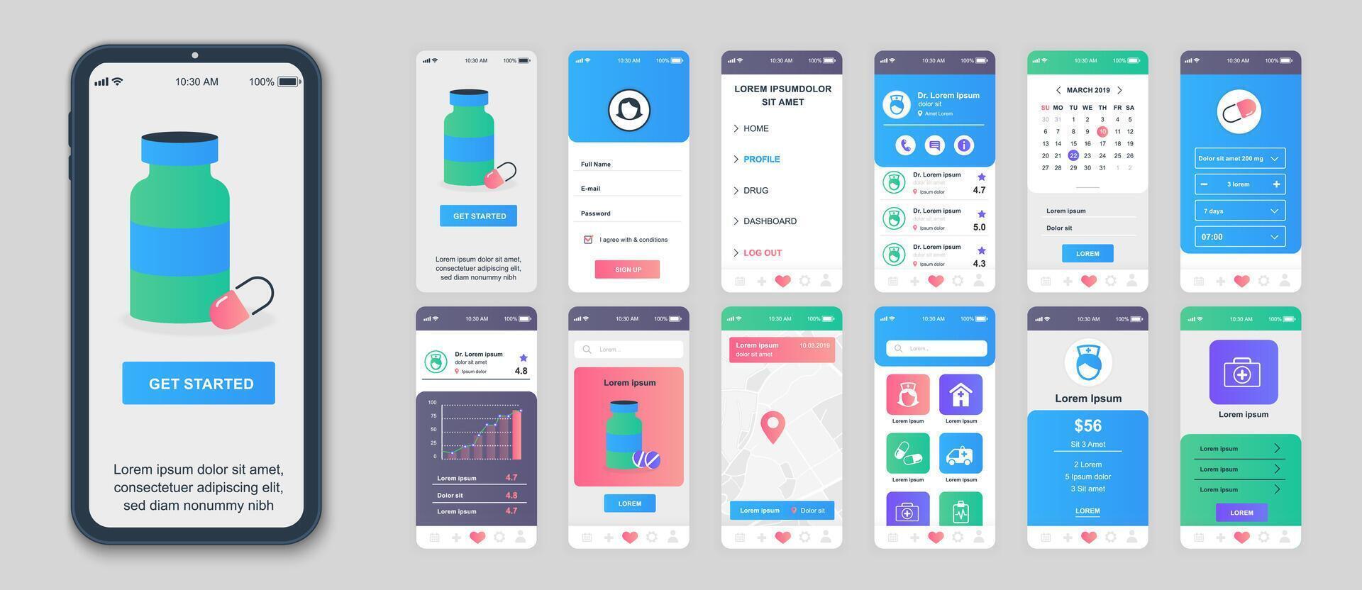 Medicine mobile app screens set for web templates. Pack of patient profile, online pharmacy orders, doctor treatments, account menu. UI, UX, GUI user interface kit for cellphone layouts. Vector design