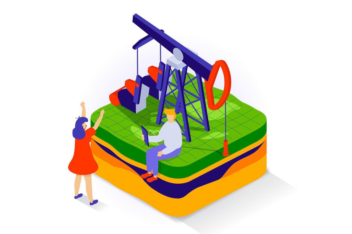 Oil industry concept in 3d isometric design. People work at petroleum factory by derrick and machinery for extraction crude energy resources. Vector illustration with isometry scene for web graphic