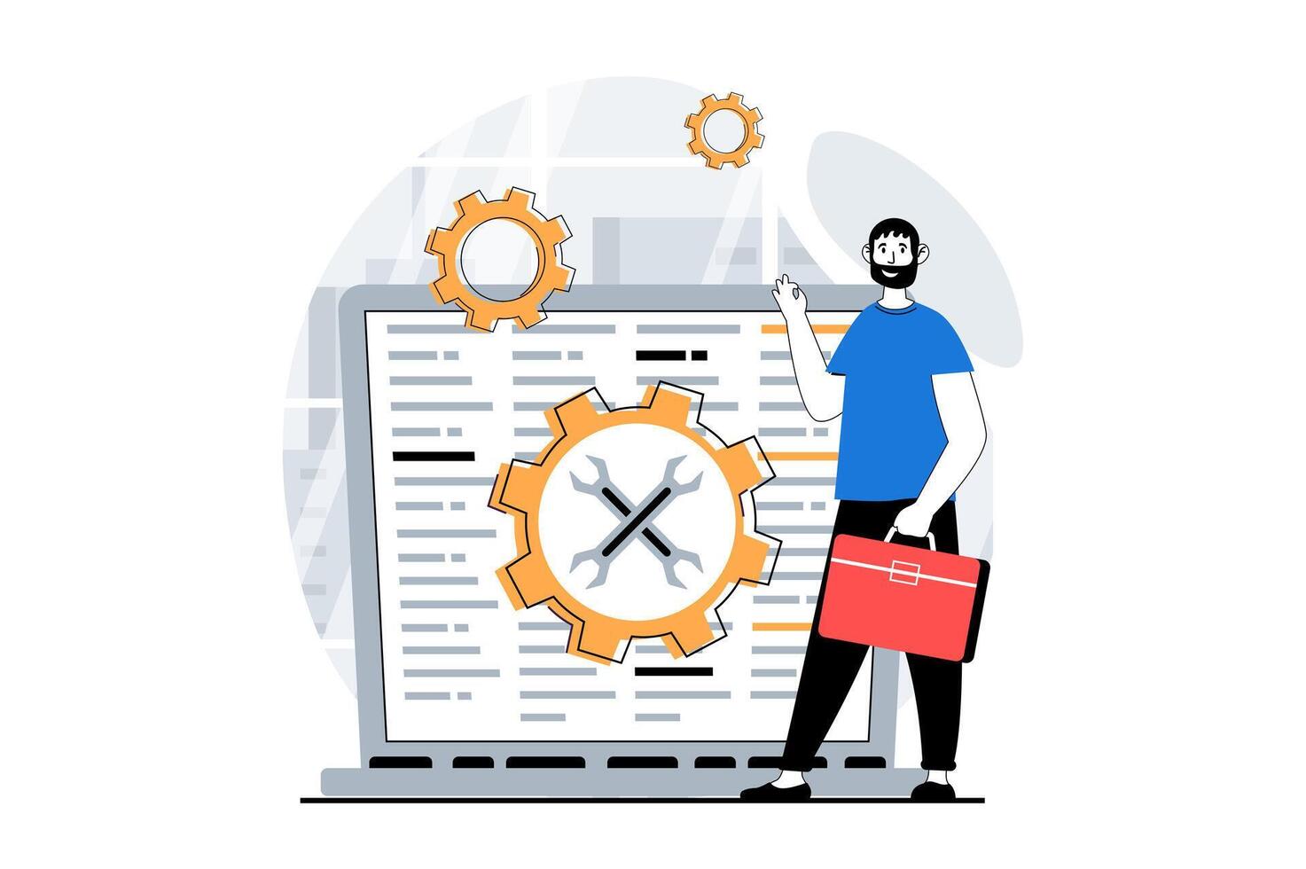 Technical support concept with people scene in flat design for web. Man consulting clients with problems, finding solving for users. Vector illustration for social media banner, marketing material.