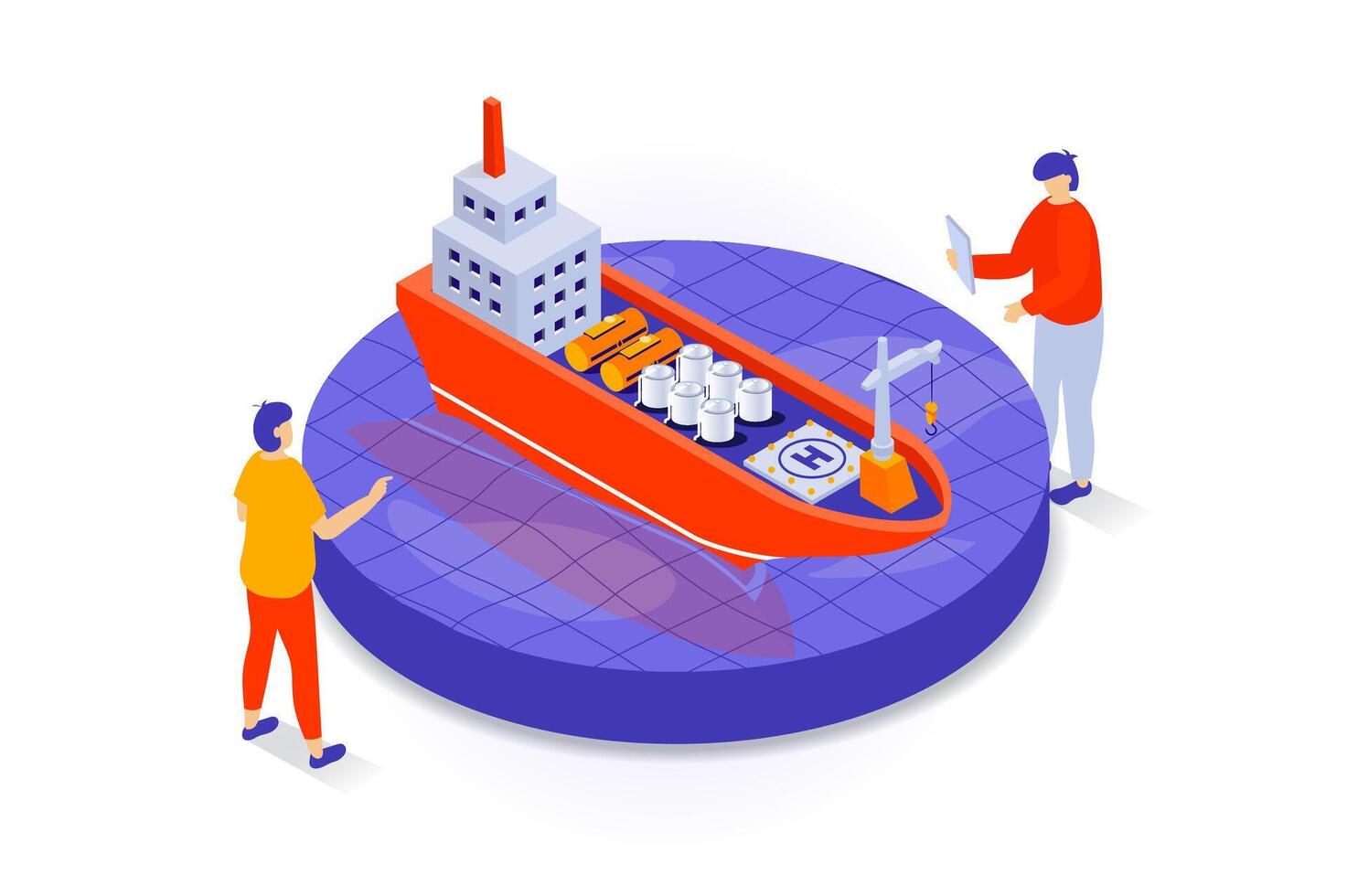 Oil industry concept in 3d isometric design. People selling petroleum products using tanker ship for cargo transportation to global market. Vector illustration with isometry scene for web graphic