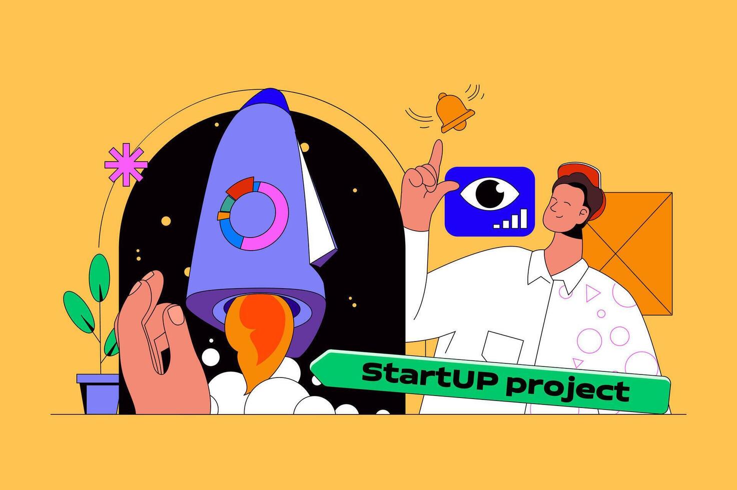 Startup project web concept with character scene. Man generates ideas for launches new business, investment and developing. People situation in flat design. Vector illustration for marketing material.