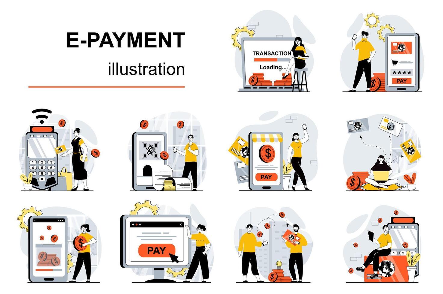 E-payment concept with character situations mega set. Bundle of scenes people paying online for purchases of digital receipt, using secure mobile pay service. Vector illustrations in flat web design