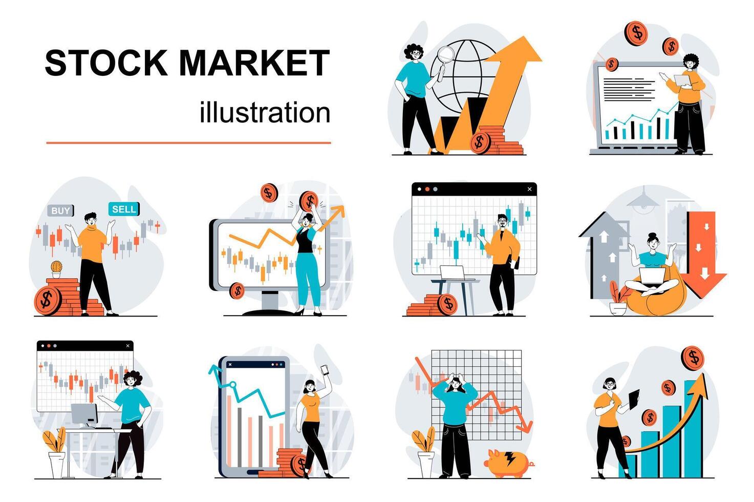 valores mercado concepto con personaje situaciones mega colocar. haz de escenas personas analizando mercado tendencias, investigación financiero datos, éxito comercio en intercambio. vector ilustraciones en plano web diseño