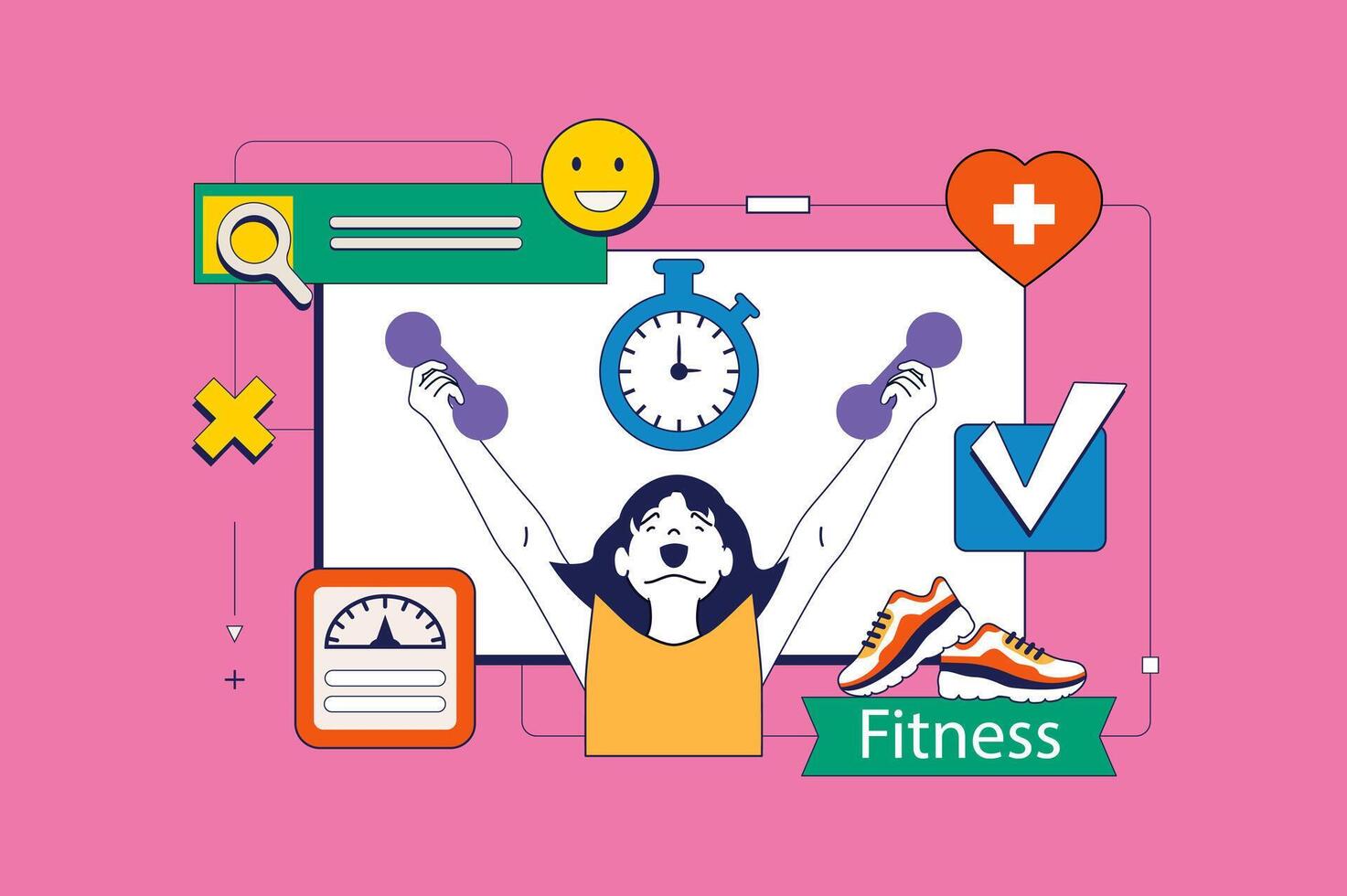 Fitness concept in flat neo brutalism design for web. Woman exercising with dumbbells, running training and workout for weight loss. Vector illustration for social media banner, marketing material.