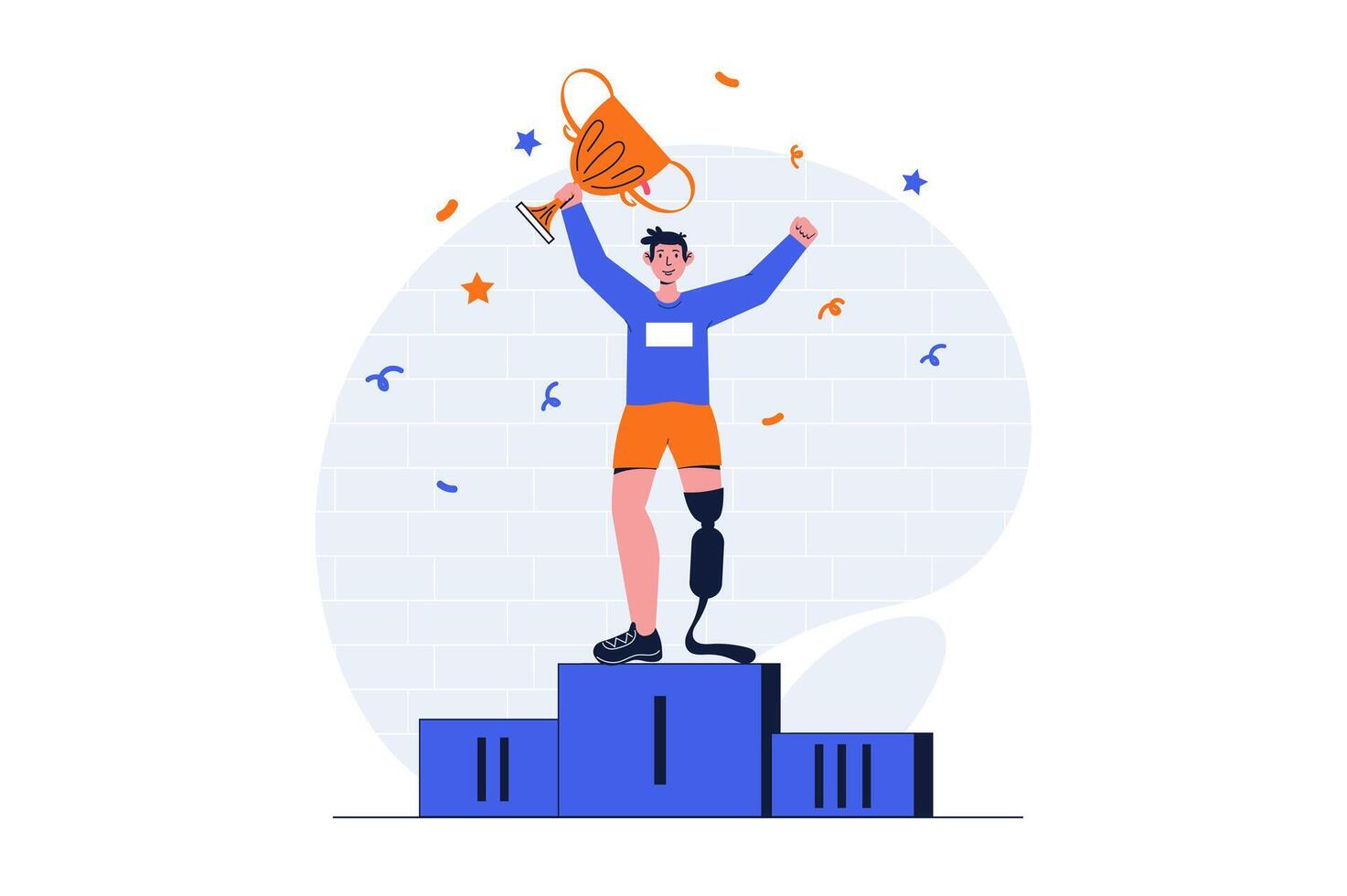 Disabilities people web concept with character scene. Man with prosthetic leg wins at Paralympic Games. People situation in flat design. Vector illustration for social media marketing material.