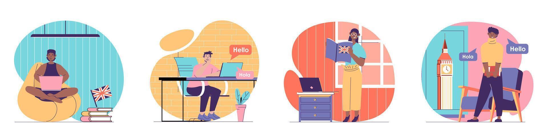 Language courses concept with people scenes set in flat web design. Bundle of character situations with students learning english and spanish at online educational classes. Vector illustrations.