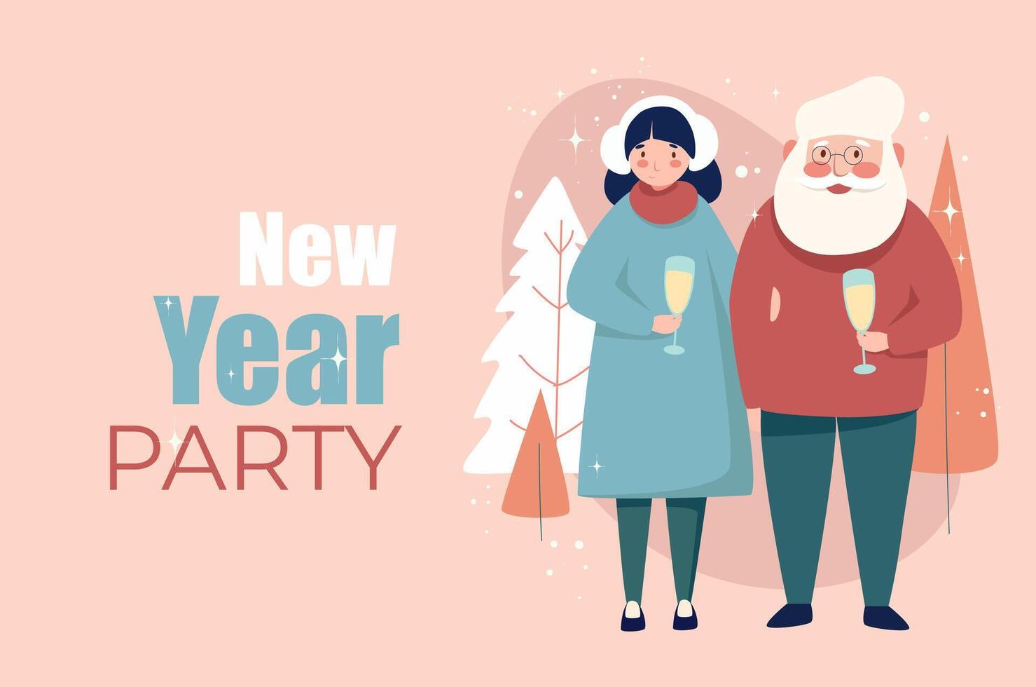 Winter holiday poster template in flat design. Banner layout to New Year and Christmas with happy old couple drinking champagne and celebrating event in snowy forest together. Vector illustration.