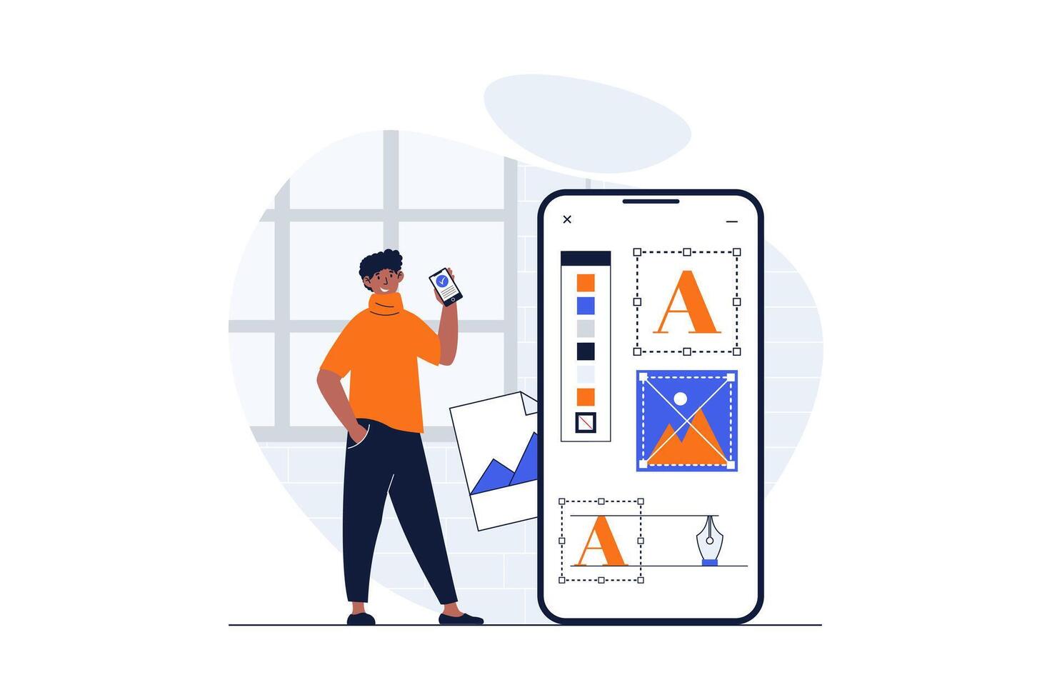 Web development concept with character scene. Man creating elements and colours for developing mobile layout. People situation in flat design. Vector illustration for social media marketing material.