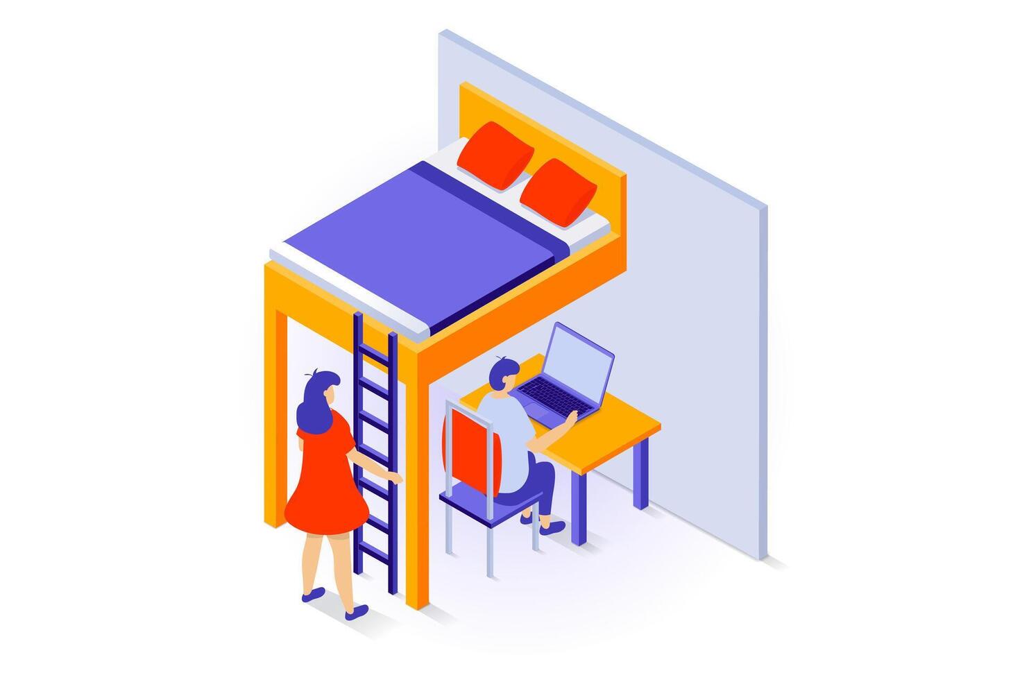 Home interior concept in 3d isometric design. People in bedroom with hanging bed and ladder, small workplace with table, chair and laptop. Vector illustration with isometry scene for web graphic