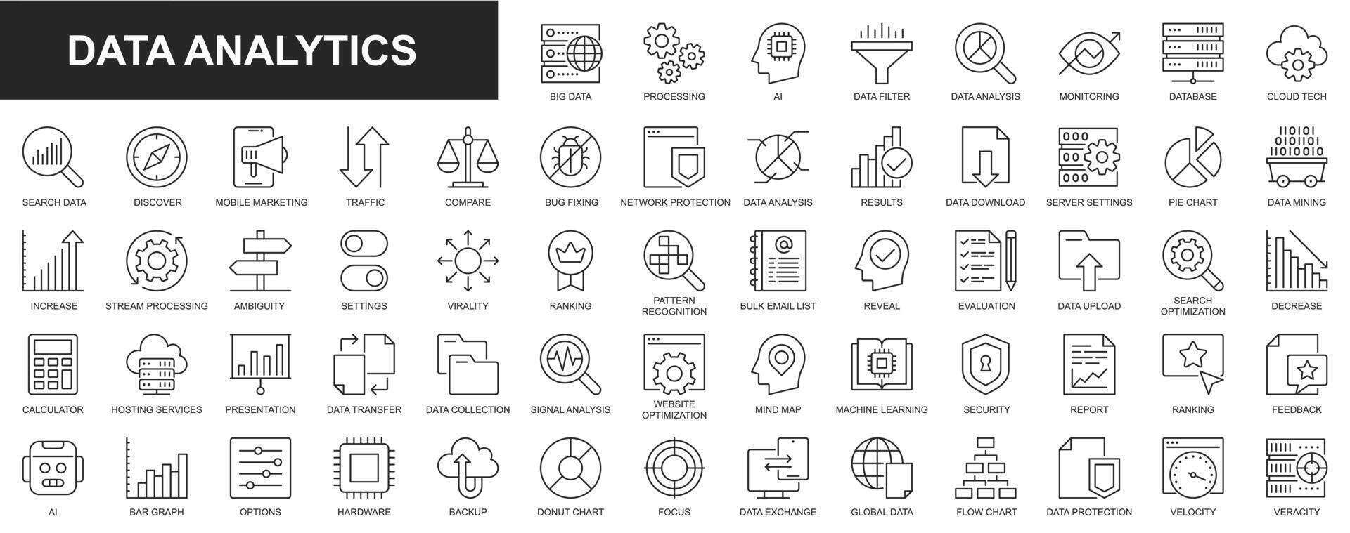 datos analítica web íconos conjunto en Delgado línea diseño. paquete de base de datos, grande datos proceso, ai, supervisión, tráfico, hospedaje servicio, mejoramiento, respaldo, gráfico y otro. vector contorno carrera pictogramas