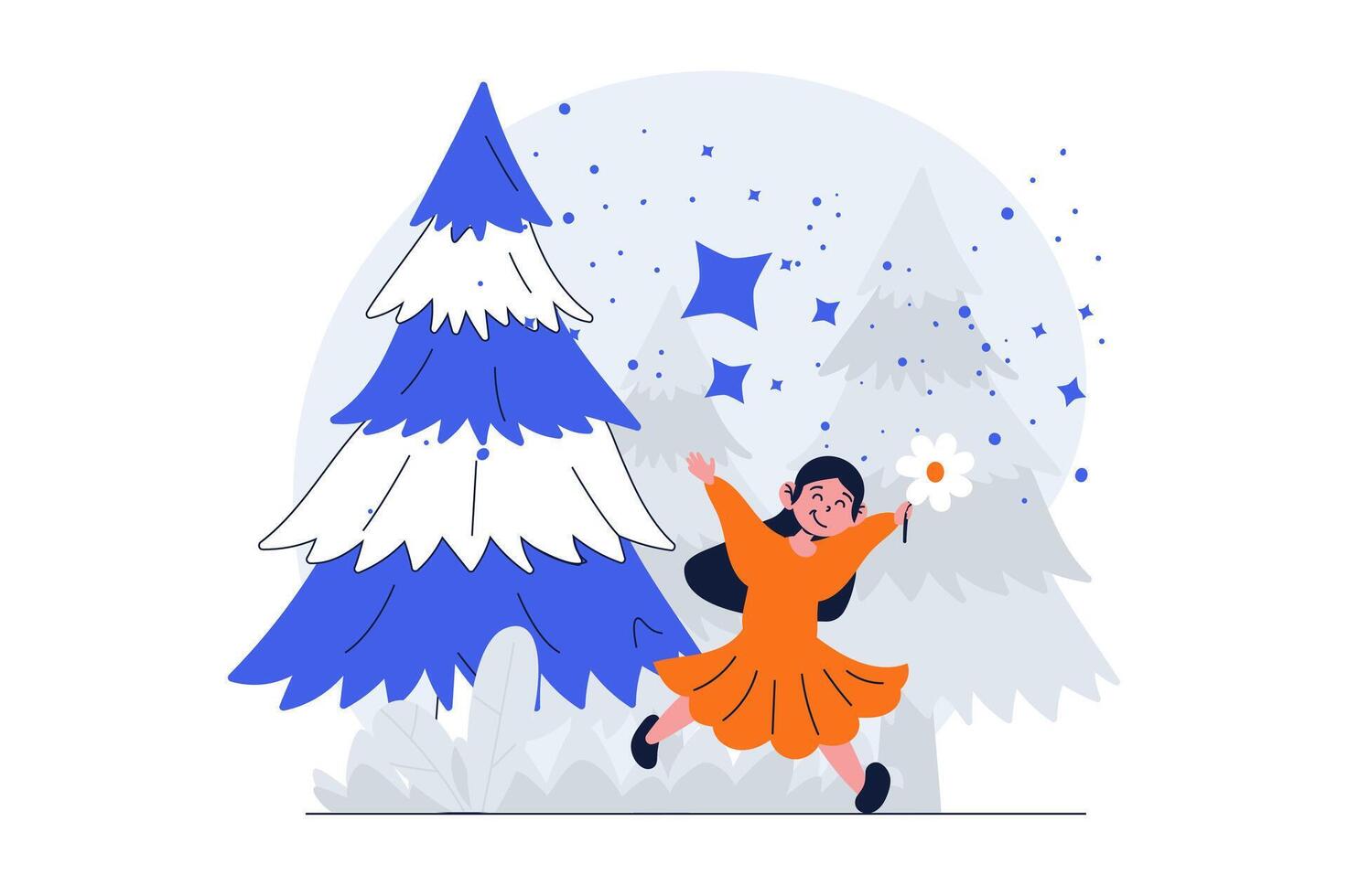 Children playing web concept with character scene. Cute girl rejoices in flowers and runs in park among trees. People situation in flat design. Vector illustration for social media marketing material.