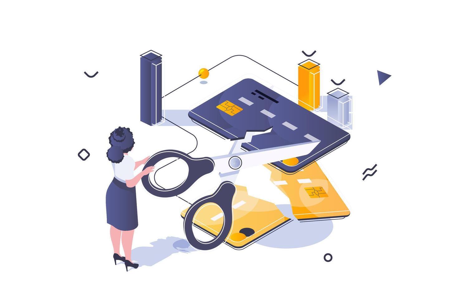 Unemployment crisis concept in 3d isometric design. Woman cutting credit cards, loses her savings, bankruptcy and financial problem. Vector illustration with isometric people scene for web graphic
